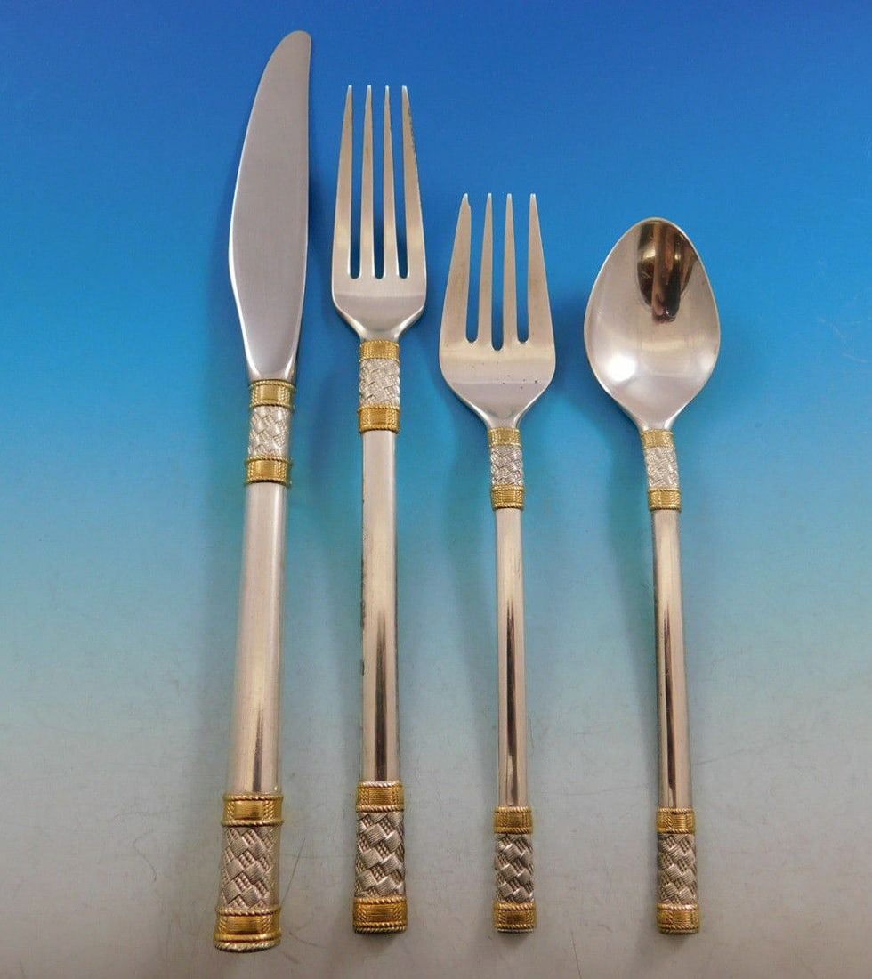 Wallace Aegean Weave Gold Sterling Silver 4-Piece Place Setting: Wallace Aegean Weave Gold Sterling Silver 4-Piece Place Setting Elevate your dining experience with this exquisite 4-piece place setting from the Aegean Weave Gold pattern by Wallace. Crafted from hig