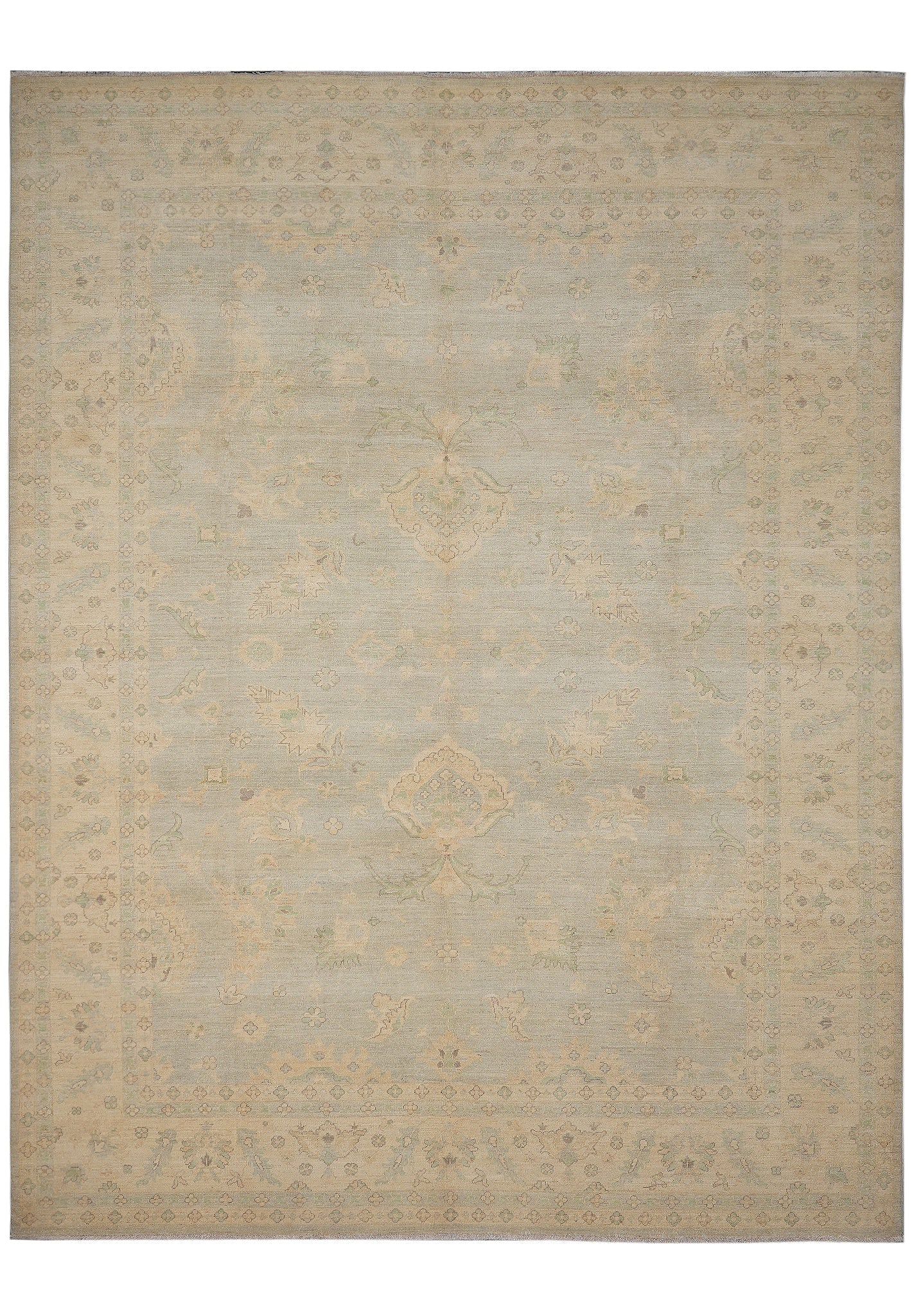 9 x 11.8 Hand Knotted Wool Chobi Zigler Transitional Rug Soft Light Green: 9 x 11.8 Hand Knotted Wool Chobi Zigler Transitional Rug Soft Light Green Free continental US Shipping This 9 x 11.8 Soft Light Green Transitional Chobi Zigler Rug features a hand-knotted construction