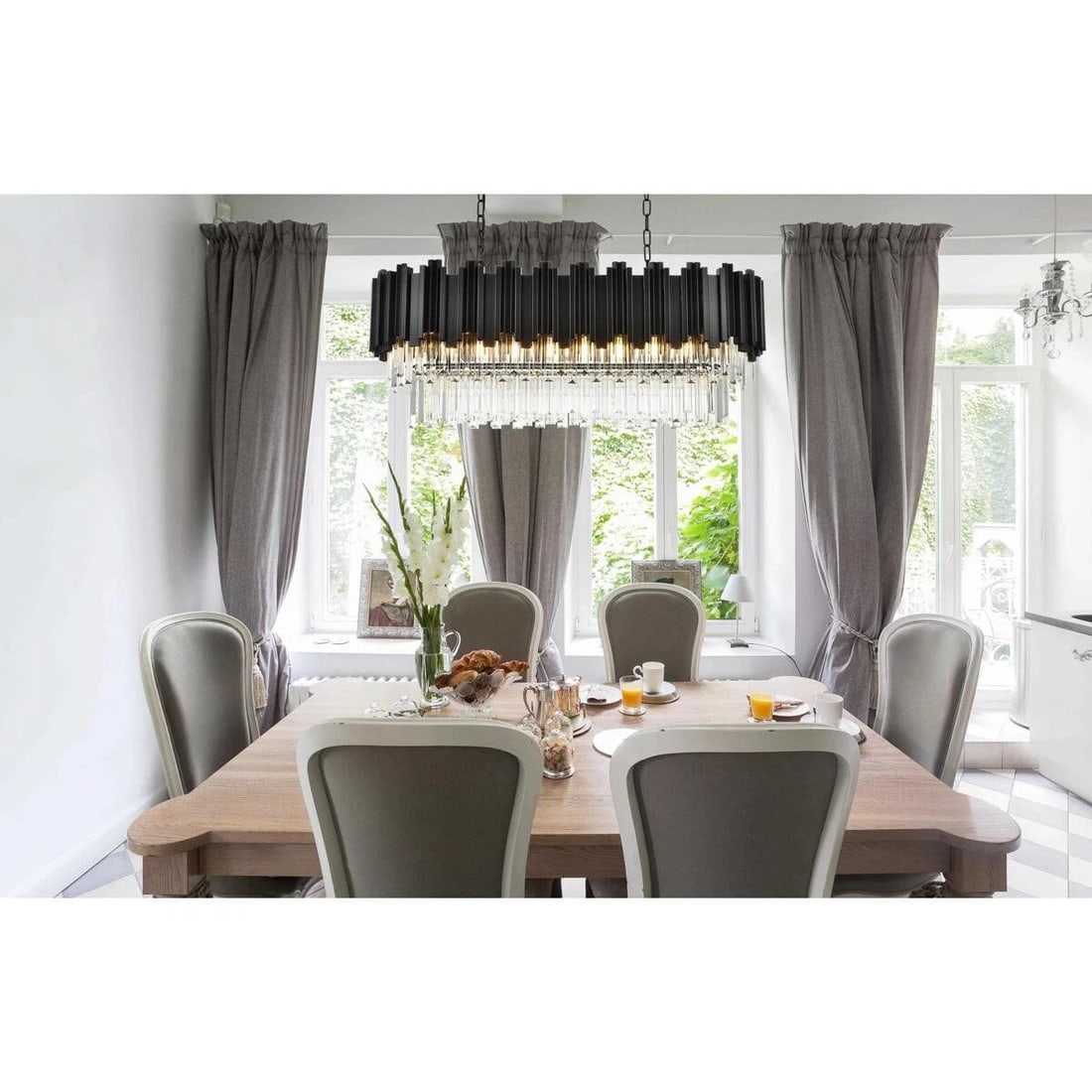 Willow 9-Light Black Crystal Pendant Chandelier 36 Inch: Willow 9-Light Black Crystal Pendant Chandelier 36 Inch This modern chandelier features a high-quality black frame paired with clear royal cut crystals, creating an elegant centerpiece suitable for di