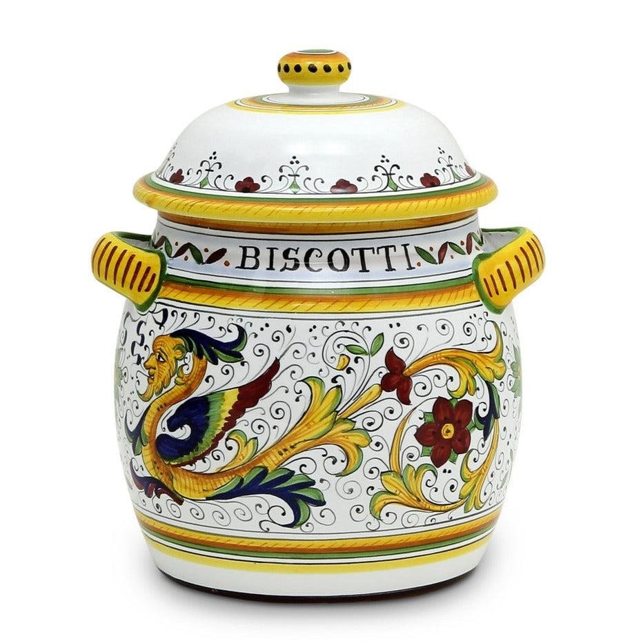 Raffaellesco Traditional Deruta Ceramic Biscotti Jar 10H 8W 8D: Raffaellesco Traditional Deruta Ceramic Biscotti Jar 10H 8W 8D This Traditional Deruta Ceramic Biscotti Jar showcases the exquisite craftsmanship characteristic of the Raffaellesco collection. With a 