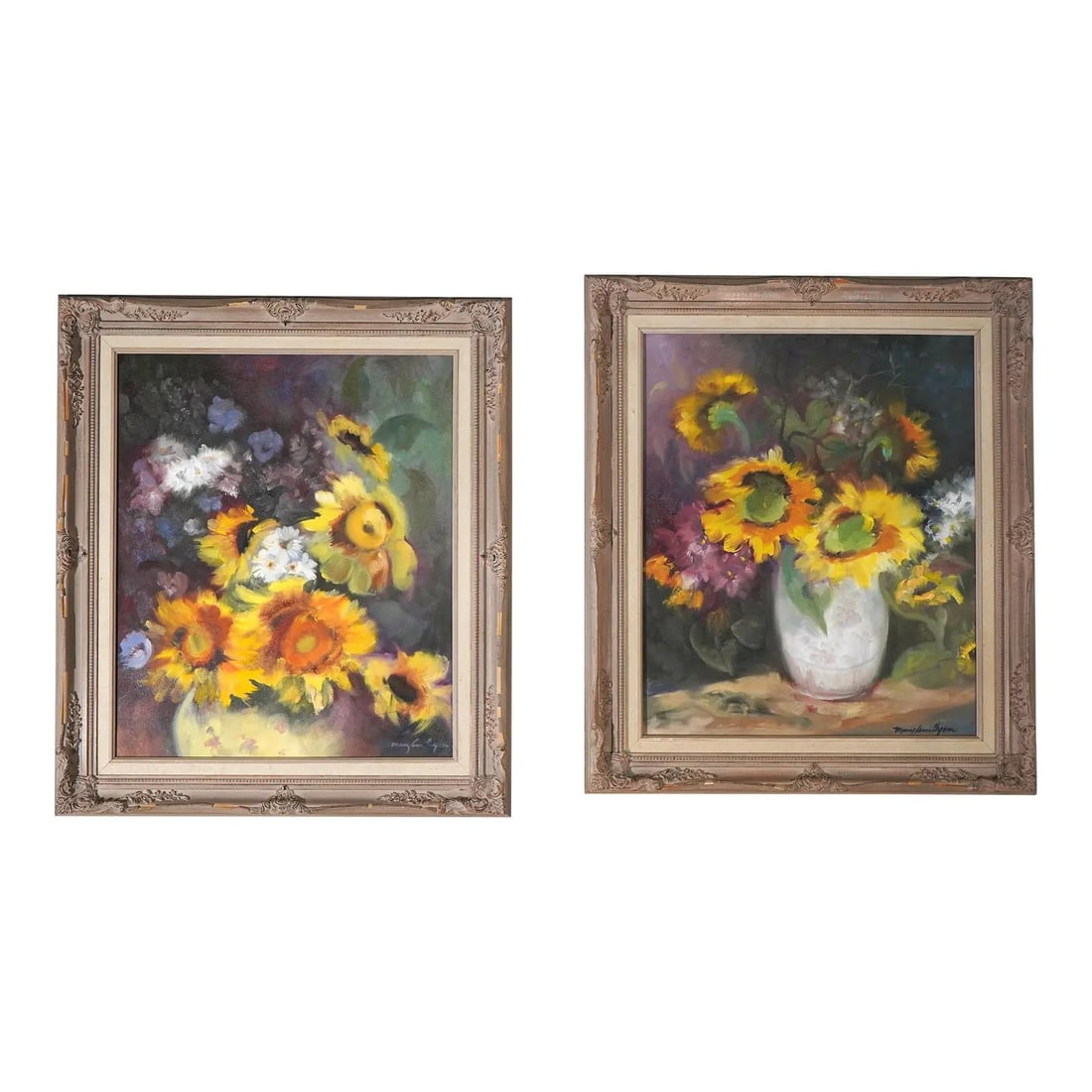 Signed Hand Painted Sunflower Still Life Oil Paintings Pair: Signed Hand Painted Sunflower Still Life Oil Paintings Pair Pair of hand-painted oil on canvas still life sunflower paintings with bright, vibrant colors. The works are signed with an illegible signat