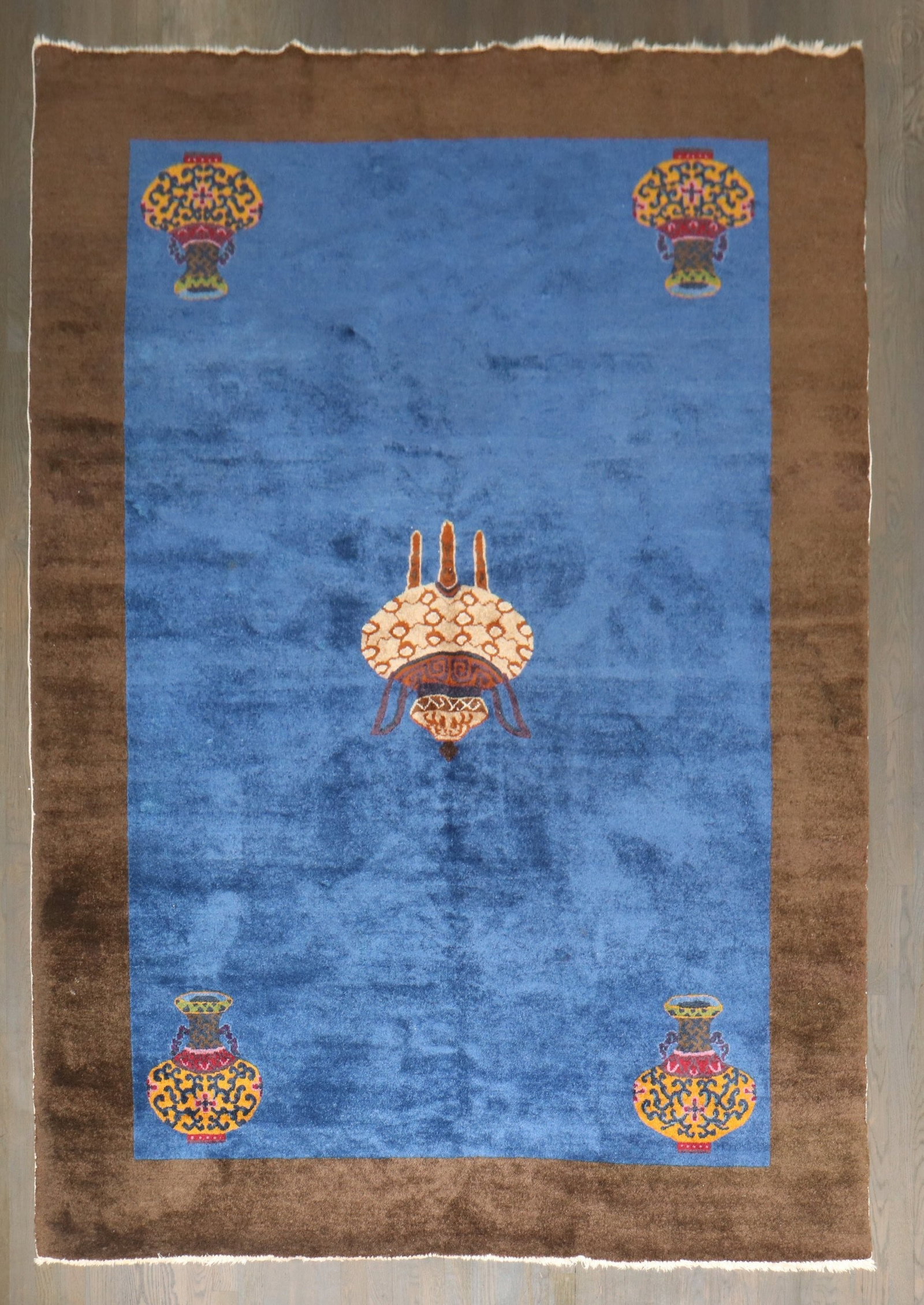 6' 2" x 8' 10" Chinese Art Deco Rug Blue Open Field: 6' 2" x 8' 10" Chinese Art Deco Rug Blue Open Field A 1930s Chinese Art Deco rug with a blue open field design. This pre-owned piece is described as being in excellent condition. Specifications Title:
