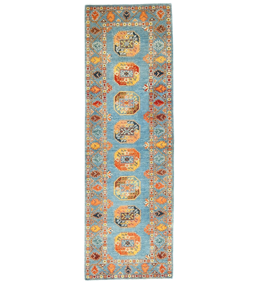 Wool Kazak Runner Rug 2'11 x 9'2 Hand Knotted Geometric Tribal: Wool Kazak Runner Rug 2'11 x 9'2 Hand Knotted Geometric Tribal Enhance your living space with this beautiful Hand-Knotted Kazak Runner Rug, measuring 2'11 x 9'2 ft. This exquisite rug features a moder