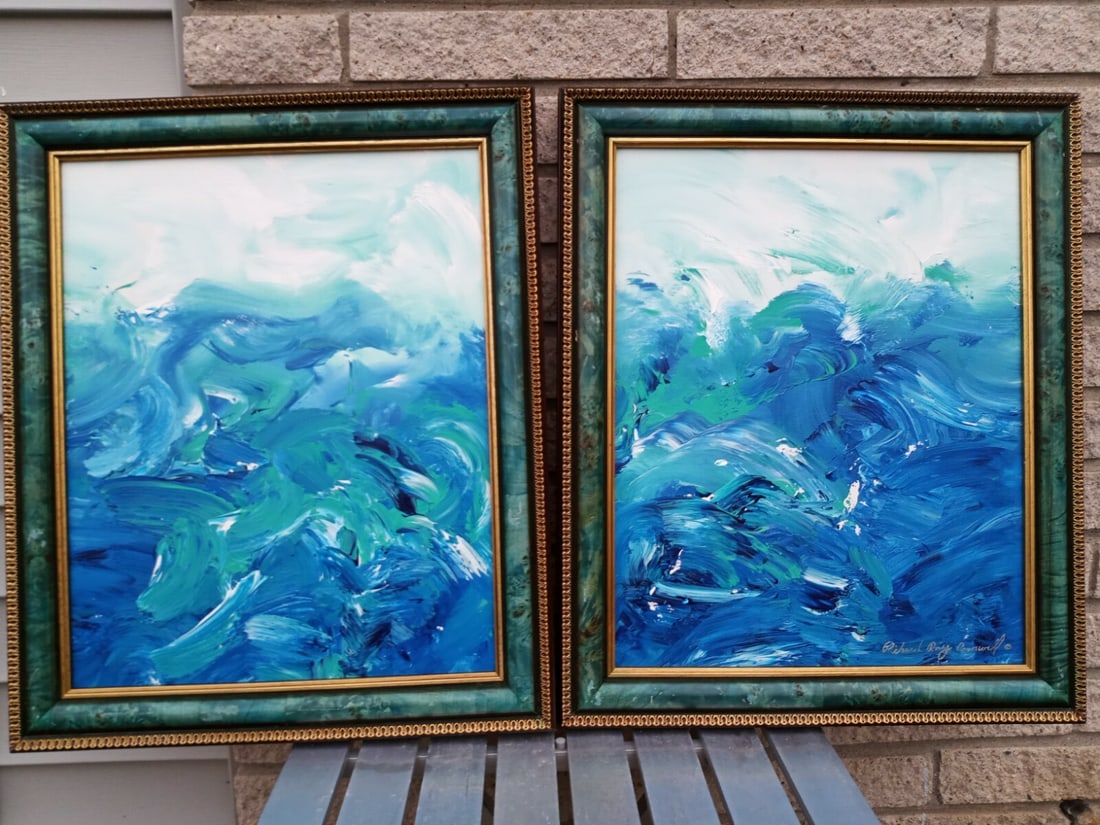 2 Richard R Cornwell abstract maritime paintings on canvas 16 by 20: 2 Richard R Cornwell abstract maritime paintings on canvas 16 by 20 Pair of modernist maritime paintings by Richard Ray Cornwell depicting turbulent water in a balanced, complementary composition. The