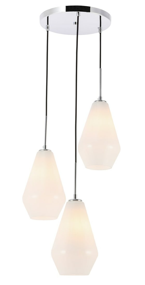 Gene 3 Light Chrome Frosted Glass Pendant: Gene 3 Light Chrome Frosted Glass Pendant Modern 3-light pendant chandelier with frosted white glass shades and a chrome finish. It is height adjustable from 18.2" to 91.2" and is designed for indoor 