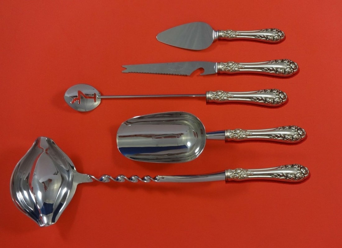 Rose by Wallace Sterling Silver 5pc Cocktail Bar Serving Set: Rose by Wallace Sterling Silver 5pc Cocktail Bar Serving Set Elevate your cocktail parties with this exquisite 5-piece Rose by Wallace Sterling Silver Cocktail Party Bar Serving Set. Crafted with a st