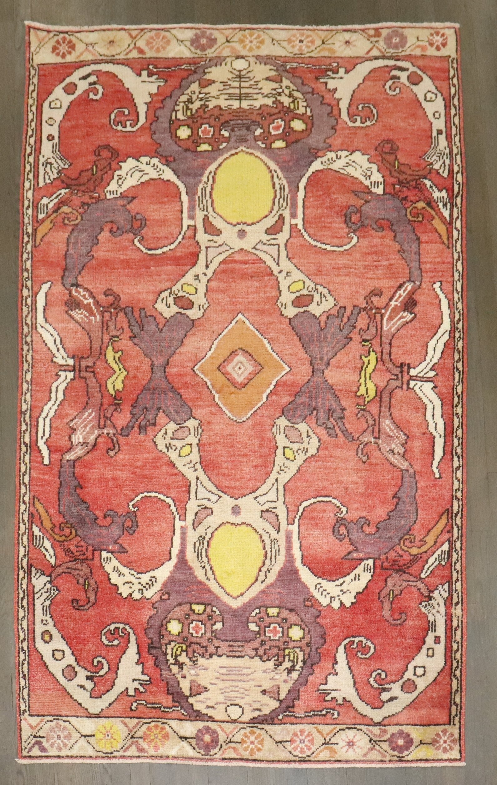 4' 5" x 7' 3" Konya Anatolian Turkish Accent Rug: 4' 5" x 7' 3" Konya Anatolian Turkish Accent Rug A whimsical Turkish accent rug from the 1st quarter of the 20th century. This pre-owned piece is identified as an Anatolian, Konya rug. Specifications 