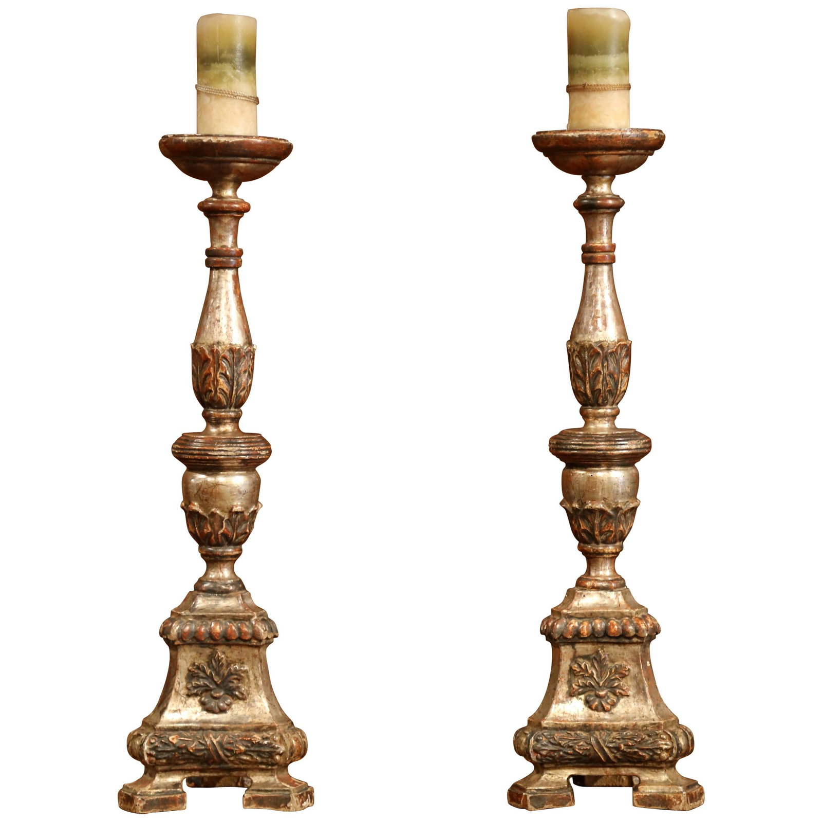 Set of 2 Italian Silver Leaf Pic Cierges: Set of 2 Italian Silver Leaf Pic Cierges This elegant pair of late 19th-century Italian pricket candlesticks is expertly hand-carved and finished in silver leaf with polychrome accents. Crafted around