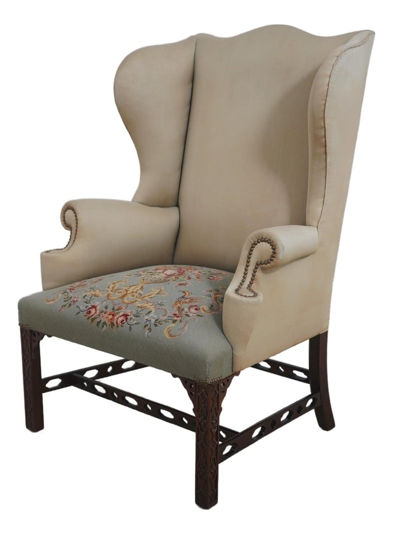 Mahogany Chippendale Wing Chair with Needlepoint Seat (1 of 10)