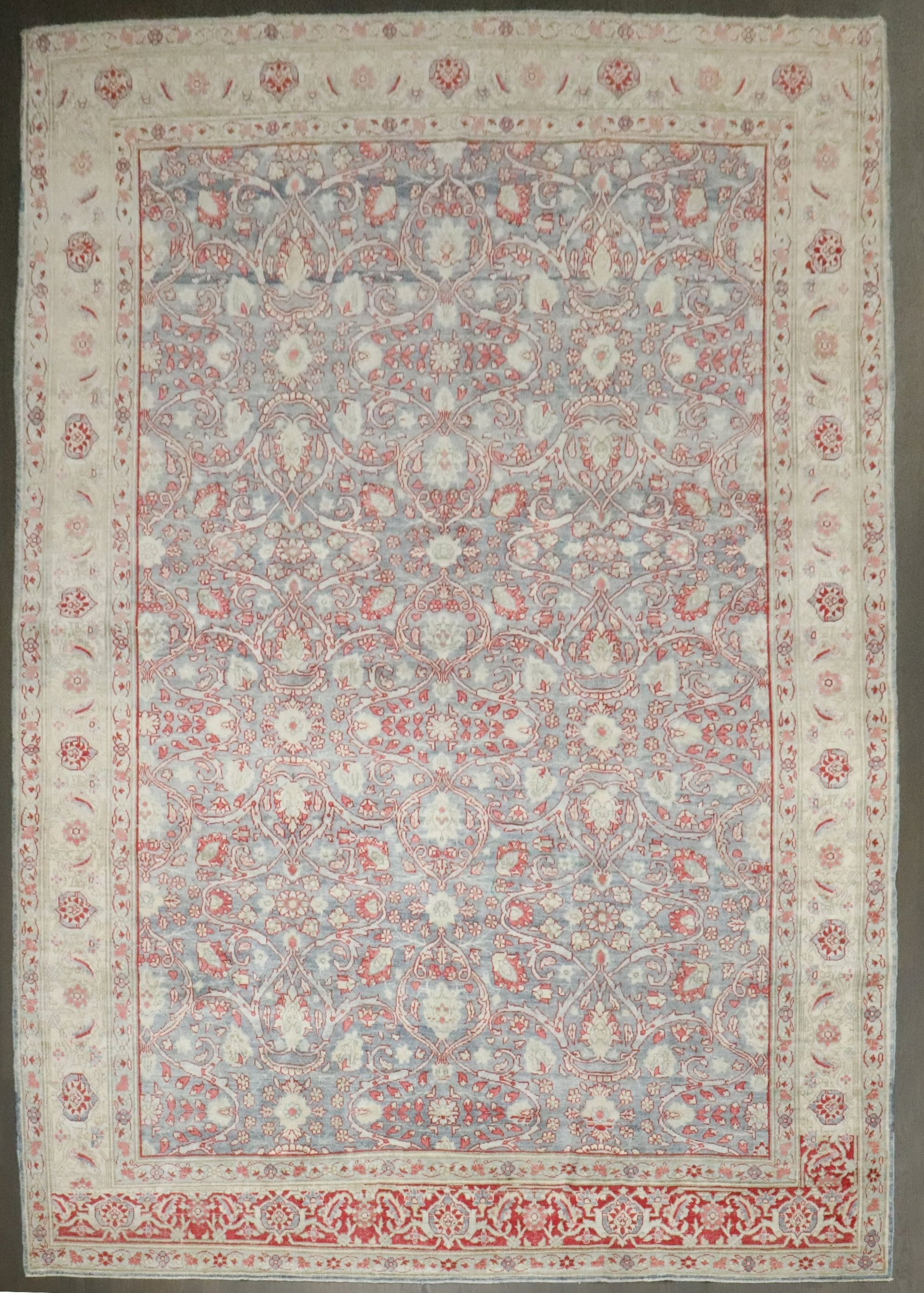 9' 2" x 12' 4" Persian Tabriz Room Rug Blue Ivory Border: 9' 2" x 12' 4" Persian Tabriz Room Rug Blue Ivory Border Room-size Persian Tabriz rug from the 1920s featuring a distinctive border design with one end in red wool and the remaining border in ivory. T