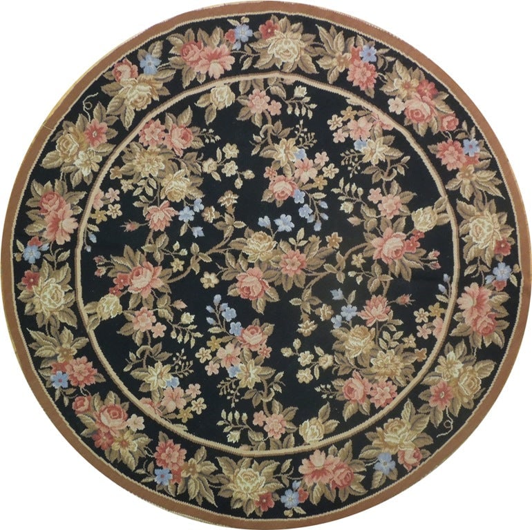 Elegant 6' Round Black Needlepoint Flat Weave Rug Handmade in China (1 of 6)