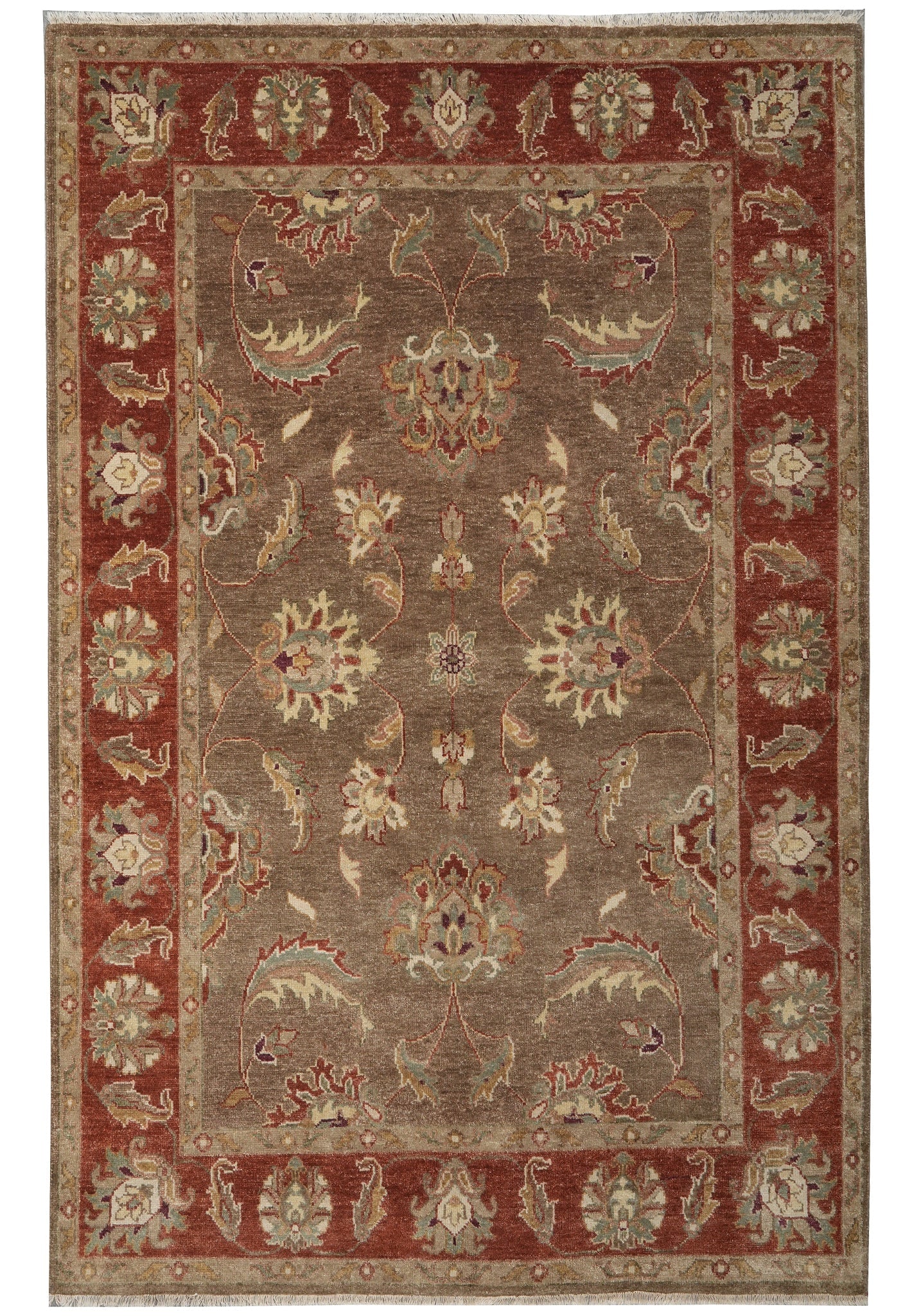 6 x 9 Hand-Knotted India Wool Rug Brown Rust: 6 x 9 Hand-Knotted India Wool Rug Brown Rust Free continental US Shipping Hand-knotted wool rug made in India in a brown and rust color palette. This un-used rug offers a classic handcrafted construct