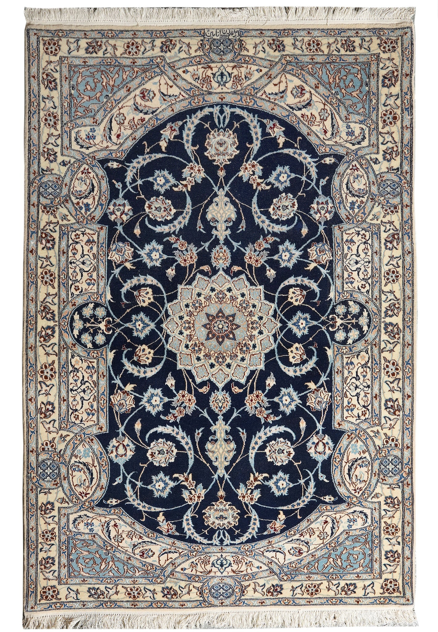 3.6 x 5 Persian Nain 6 La Signed Habibian Wool Silk Handmade Rug: 3.6 x 5 Persian Nain 6 La Signed Habibian Wool Silk Handmade Rug Free continental US Shipping Handmade Persian Nain 6 LA rug signed Habibian, crafted from wool and silk with a fine 500+ KPSI weave. Th