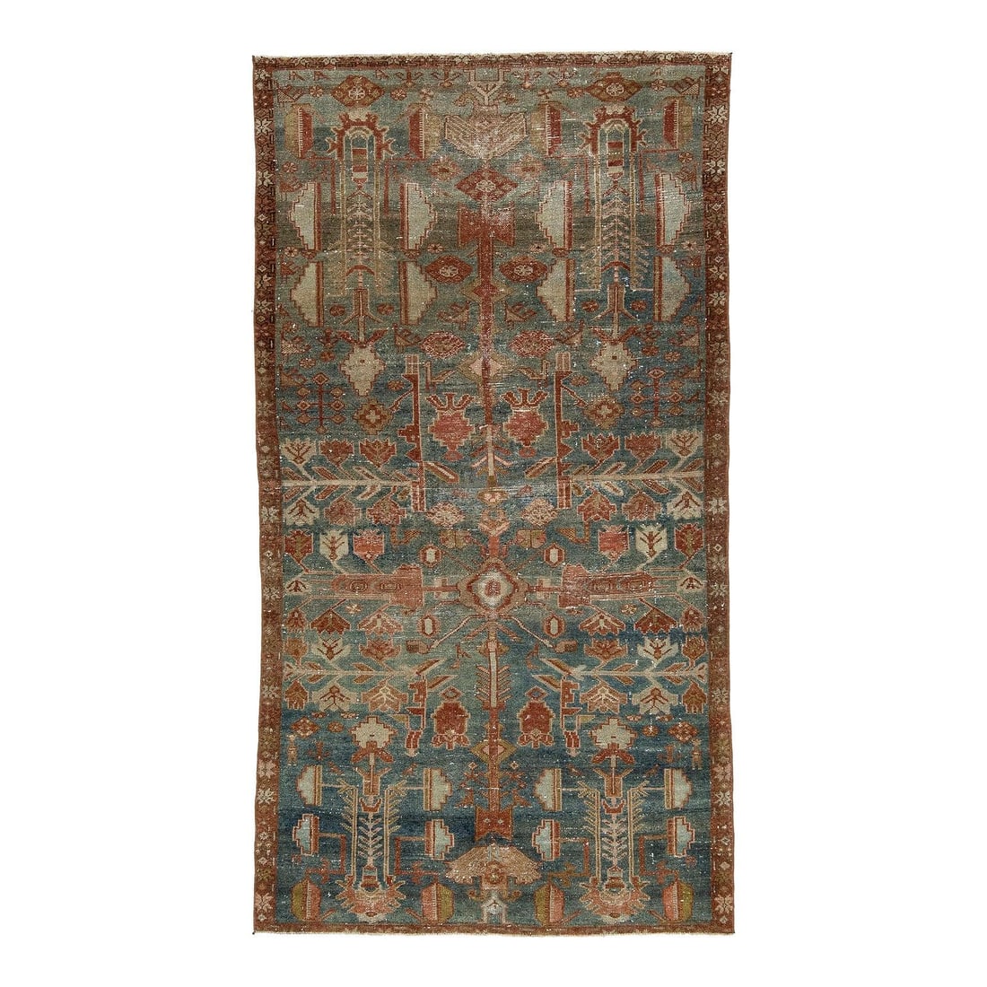 3'11" x 7'3" Antique Malayer Wool Rug Distressed Slate Blue Terracotta: 3'11" x 7'3" Antique Malayer Wool Rug Distressed Slate Blue Terracotta Antique Malayer hand-knotted wool rug dating to the late 19th or early 20th century. It features a beautifully distressed low pil