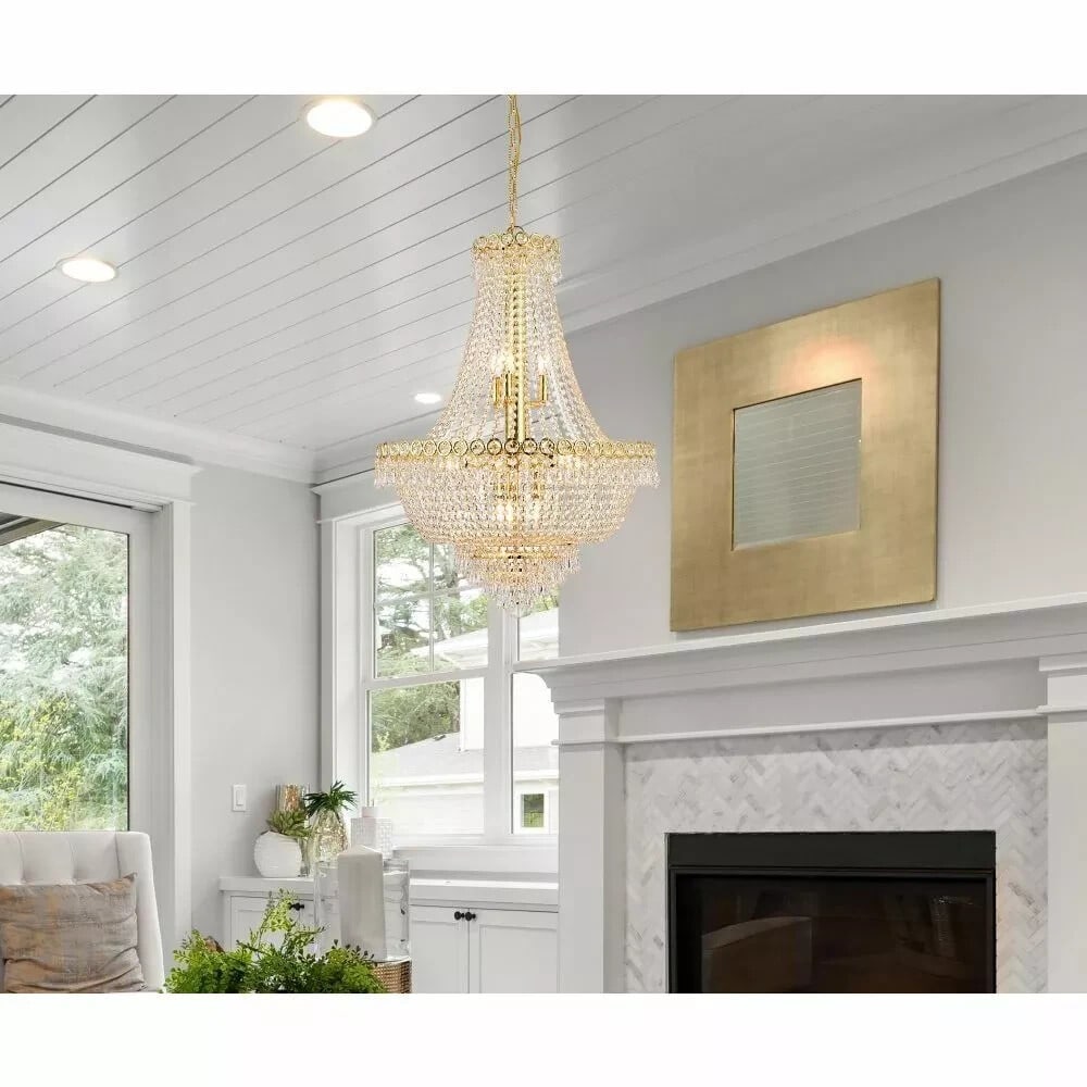 Gold Crystal Empire Chandelier 12 Light Century Collection 24in Wide: Gold Crystal Empire Chandelier 12 Light Century Collection 24in Wide This modern gold-plated crystal chandelier features a striking 12-light design with a round, empire-style frame. The chandelier is 