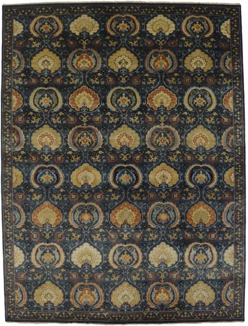 9'1 x 12'0 Floral Wool Area Rug Hand-Knotted Peshawar Style: 9'1 x 12'0 Floral Wool Area Rug Hand-Knotted Peshawar Style This handmade Osh Chobi Peshawar rug features a hand-knotted wool construction with a floral pattern in dark slate, cream, blue, khaki, and 