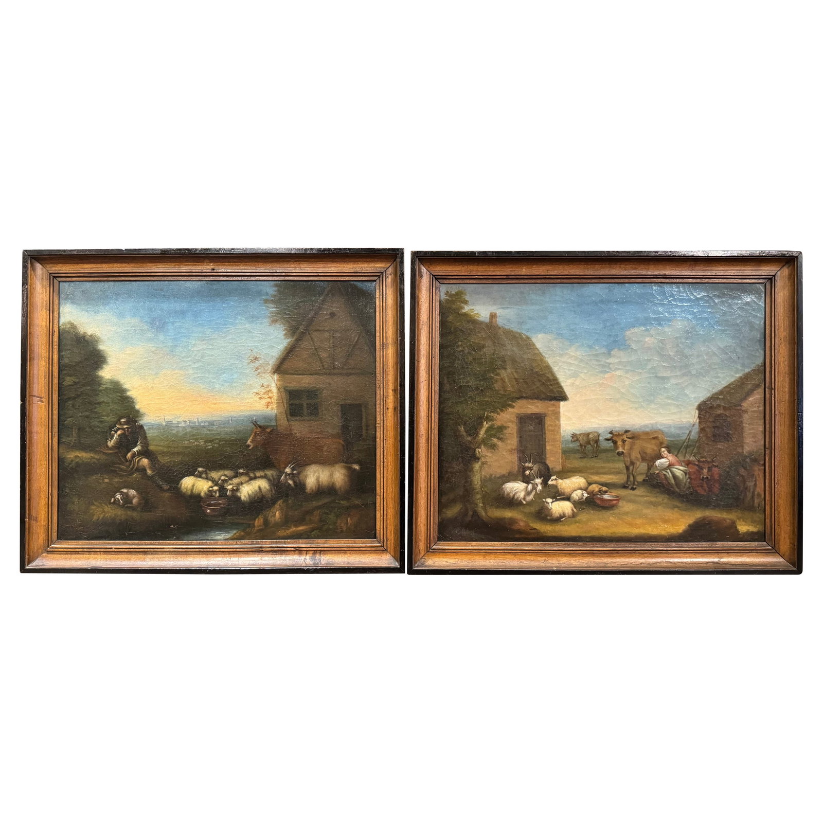 Set of 2 French pastoral oil paintings in blackened frames (1 of 11)