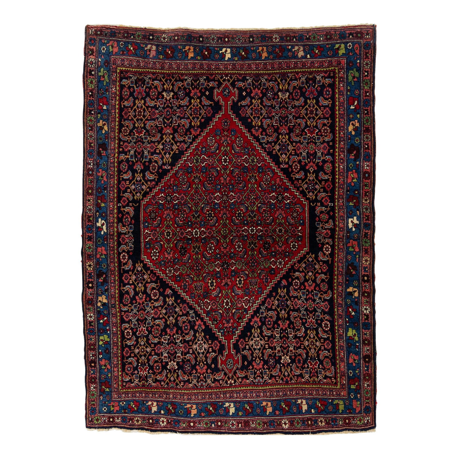 1900s Antique Bidjar Persian Wool Rug Red Navy Allover Design: 1900s Antique Bidjar Persian Wool Rug Red Navy Allover Design This exquisite Antique Bidjar Persian wool rug features a striking red and navy blue field adorned with a vibrant all-over design in multi