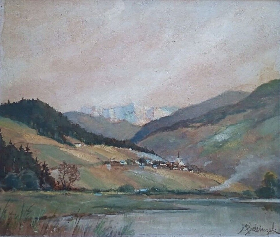 Reinhart Schinzel Presseggersee Austrian landscape painting 9.75 x 11.75: Reinhart Schinzel Presseggersee Austrian landscape painting 9.75 x 11.75 Original painting by Austrian artist Reinhart Schinzel depicting a mountainous landscape at Lake Presseggersee, Austria. This I