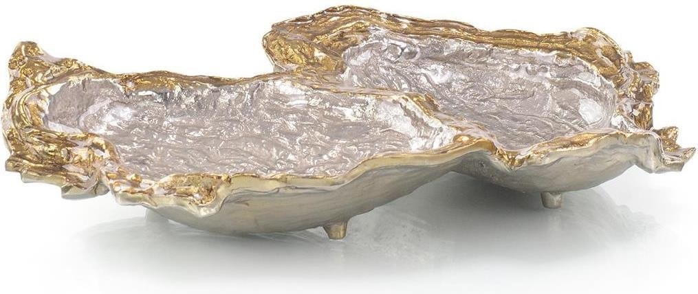 John-Richard Traditional Double Oyster Bowl Gold Silver Enamel: John-Richard Traditional Double Oyster Bowl Gold Silver Enamel This elegant Traditional Double Oyster Bowl adds a touch of sophistication to any decor. Crafted by John-Richard, it features a stunning 