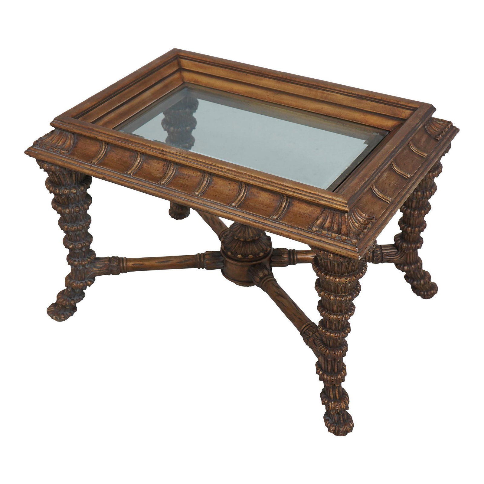 Maitland Smith Ornate Gold Carved Glass Top Coffee Table: Maitland Smith Ornate Gold Carved Glass Top Coffee Table This exquisite coffee table features a beautifully beveled glass top that complements its ornate carved base, showcasing a stunning gold finish