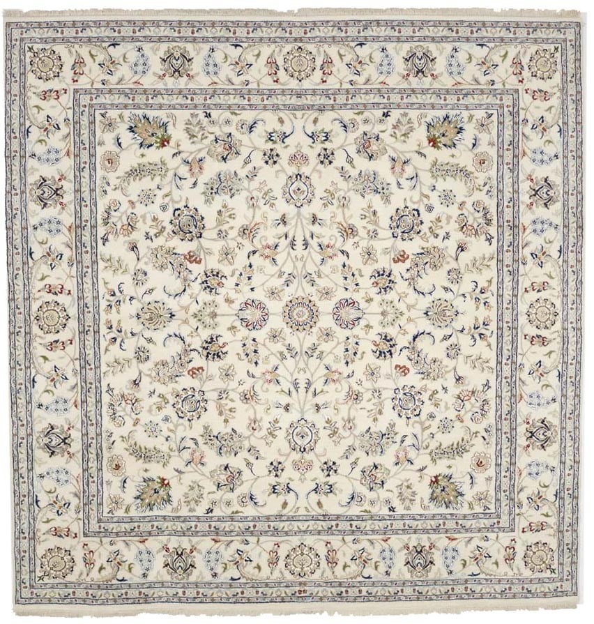 Hand-Knotted Indo-Nain Floral Wool Silk Rug 7'9 x 8'0 Square Traditional India: Hand-Knotted Indo-Nain Floral Wool Silk Rug 7'9 x 8'0 Square Traditional India This handmade Indo-Nain oriental rug features a traditional floral pattern in a square shape, crafted using a hand-knotte