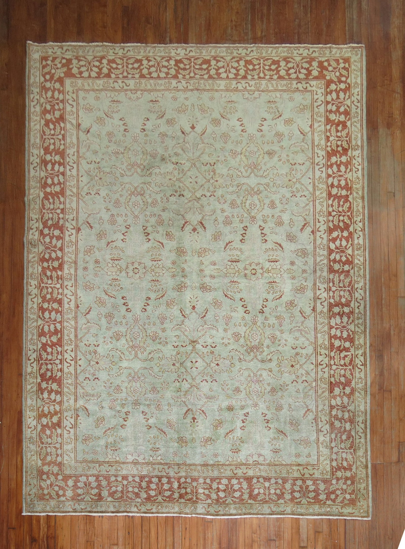 8' 6" x 11' 4" Persian Tabriz Room Rug Light Green: 8' 6" x 11' 4" Persian Tabriz Room Rug Light Green Vintage Persian Tabriz room rug from the 1920s with a light green field and intricate patterning accented by apricot and pink tones. Pre-owned. Speci