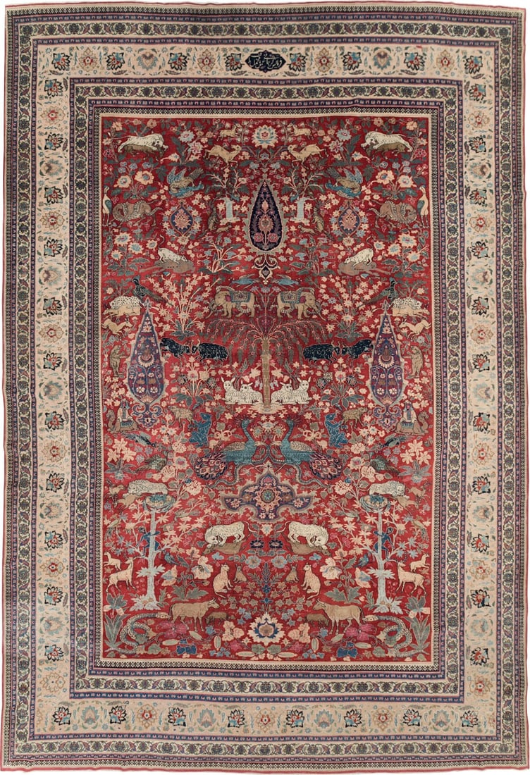 13' 6" x 20' 6" Oversize Persian Meshed Pictorial Rug: 13' 6" x 20' 6" Oversize Persian Meshed Pictorial Rug Early 20th century Persian pictorial Meshed rug in an oversize format. The design features animal and decorative motifs, and it is offered in pre-