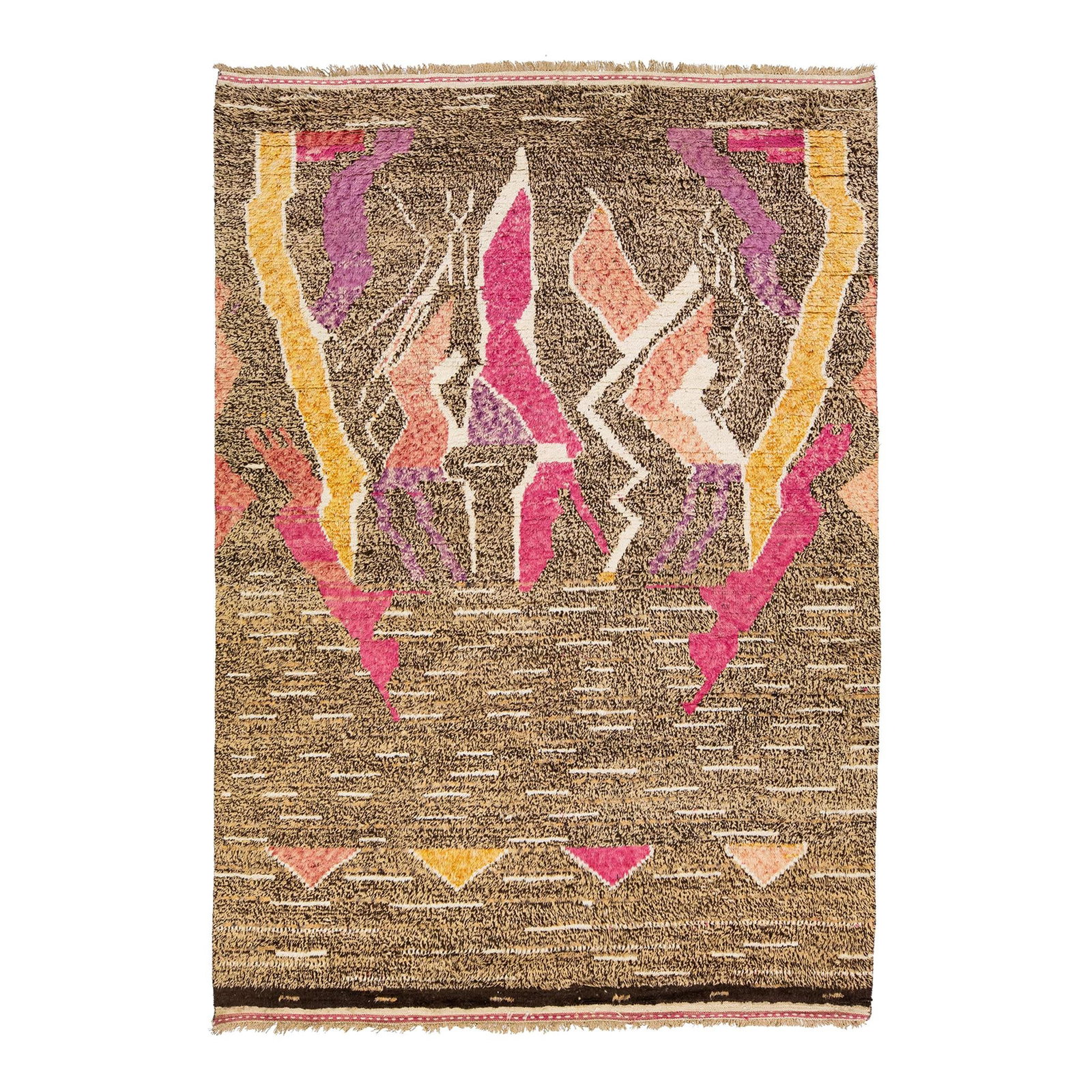 Handmade Moroccan Tan Wool Rug with Multicolor Abstract Design 8'10 x 12'3: Handmade Moroccan Tan Wool Rug with Multicolor Abstract Design 8'10 x 12'3 This exquisite modern Moroccan style rug showcases a stunning hand-knotted design in warm tan and brown tones, enhanced by a 