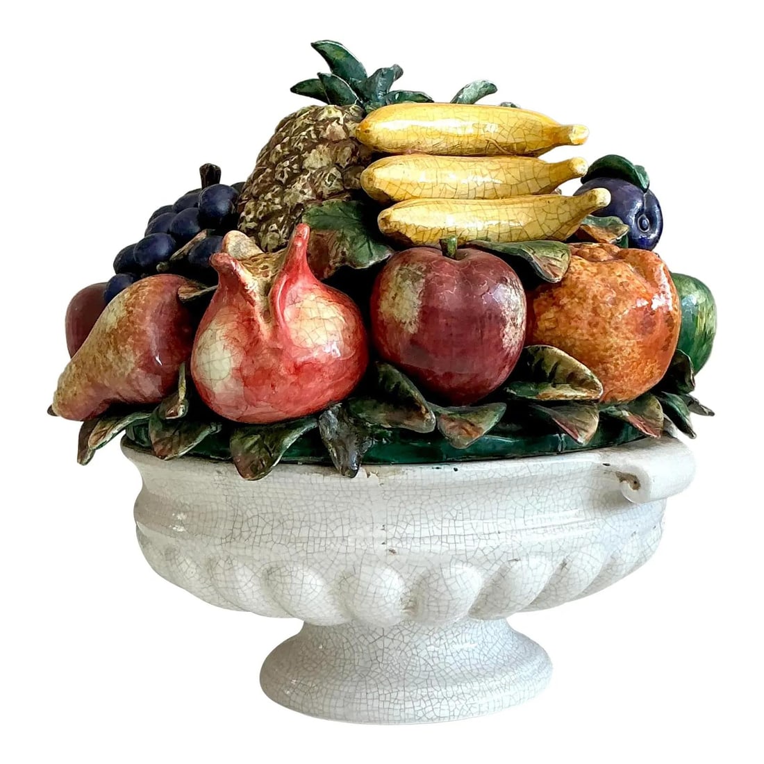 Vintage Italian Majolica Fruit Centerpiece Bowl in White Urn: Vintage Italian Majolica Fruit Centerpiece Bowl in White Urn This magnificent vintage Regency glazed ceramic bowl is a stunning example of classic Italian majolica, featuring a vibrant and detailed ar