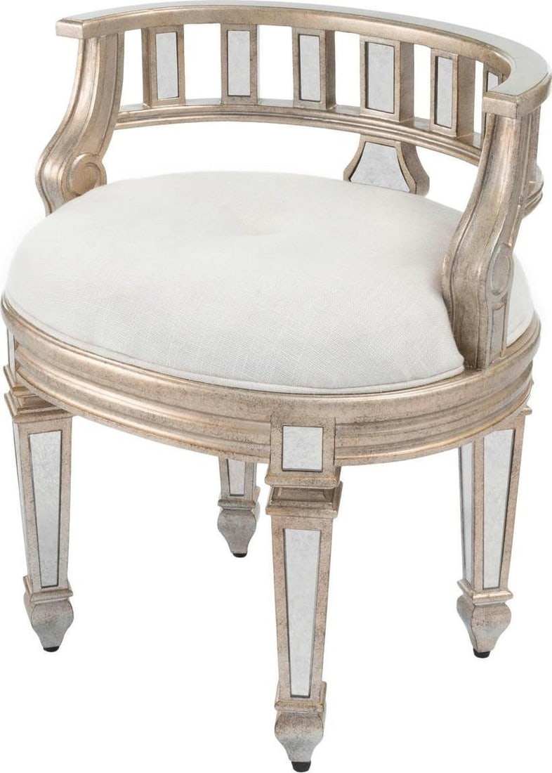 Butler Modern Oval Demilune Vanity Stool in Mirror Silver: Butler Modern Oval Demilune Vanity Stool in Mirror Silver Enhance your decor with the Modern Demilune Vanity Stool, an elegant piece designed in a vintage style. This stool features a sleek oval shape