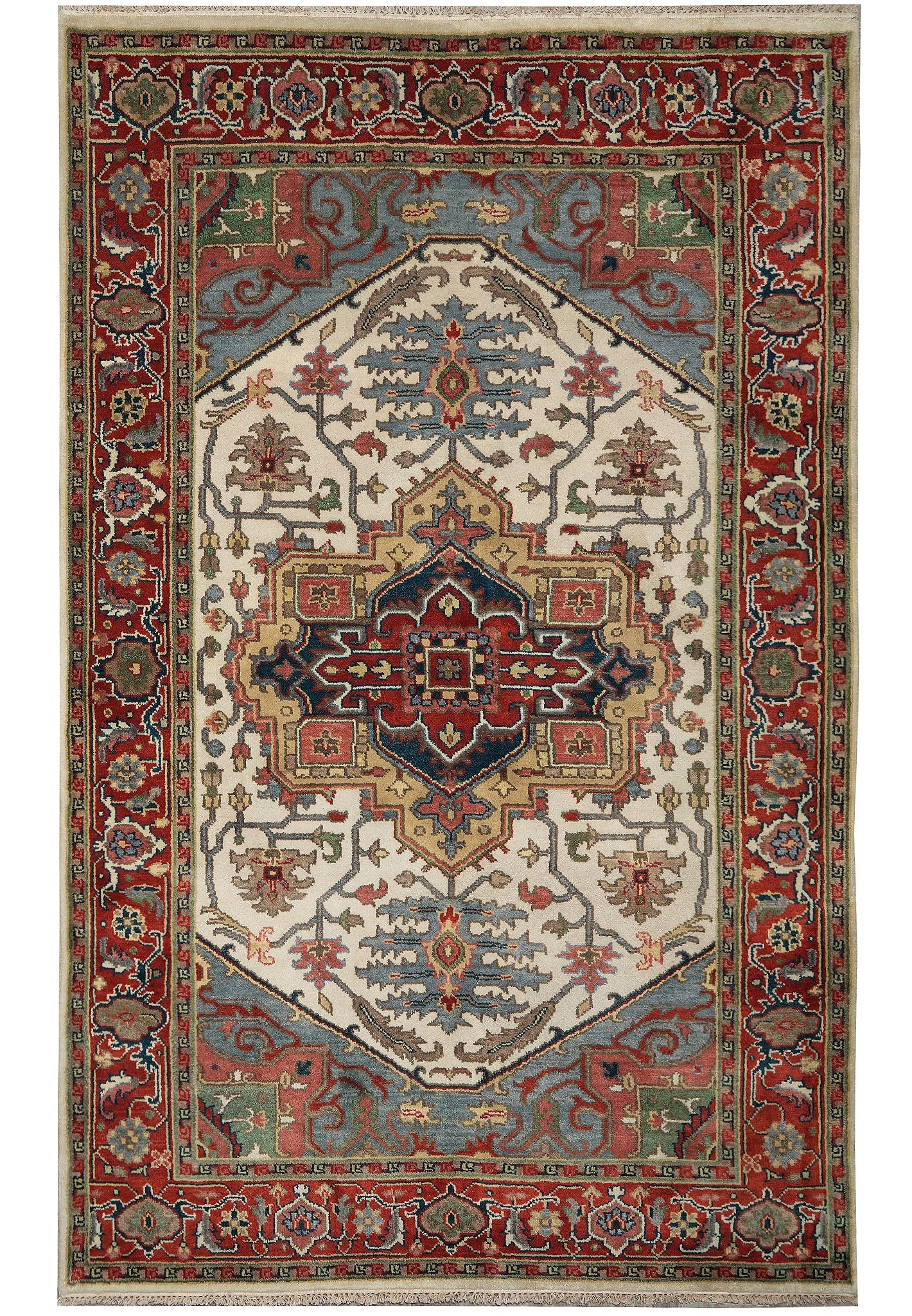 6 x 9 Handmade Persian Serapi Heriz Hand Knotted Wool Rug: 6 x 9 Handmade Persian Serapi Heriz Hand Knotted Wool Rug Free continental US Shipping Handmade Serapi Heriz wool rug with a hand-knotted construction and a dense, durable weave. The design features a