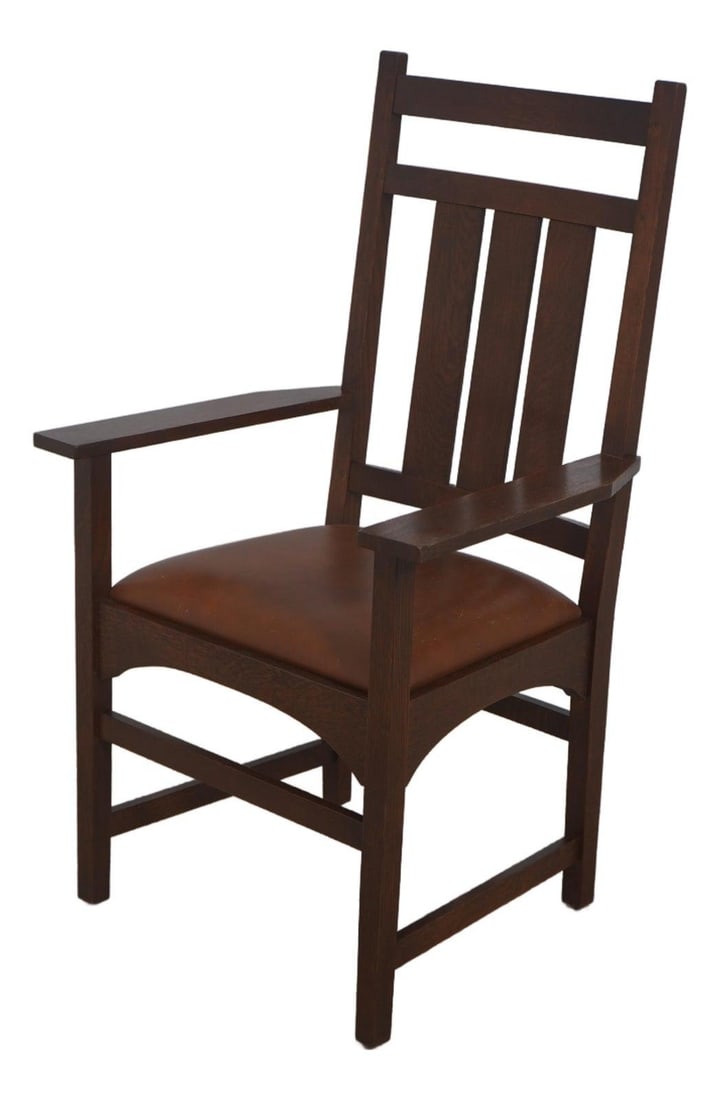 Stickley Oak Arts and Crafts Brown Leather Armchair (1 of 10)