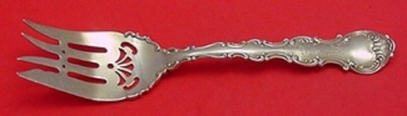 Sterling Silver Cold Meat Serving Fork Strasbourg Pattern 8 1/4 Inch: Sterling Silver Cold Meat Serving Fork Strasbourg Pattern 8 1/4 Inch This is a Strasbourg pattern cold meat fork by Gorham, crafted from sterling silver. The fork features fancy piercing and applied l