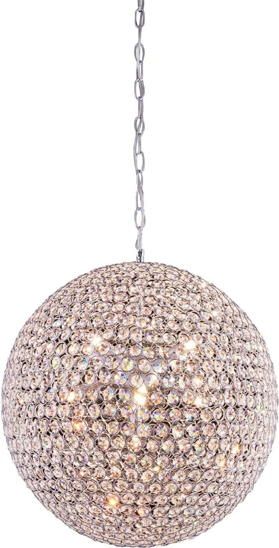 Cabaret 9-Light Chrome Crystal Pendant 20 Inch: Cabaret 9-Light Chrome Crystal Pendant 20 Inch This modern crystal chandelier features a striking chrome finish and a globe-shaped design, making it an elegant centerpiece for dining rooms, foyers, be