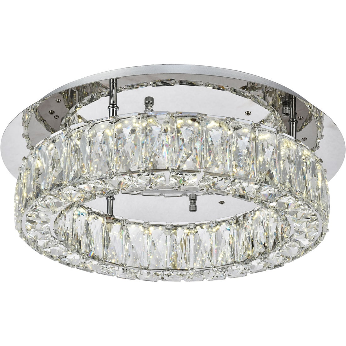 Monroe chrome crystal LED flush mount chandelier 17.7 inch: Monroe chrome crystal LED flush mount chandelier 17.7 inch This modern flush mount crystal chandelier features a polished chrome finish and Royal Cut clear crystals, creating a sophisticated look for 