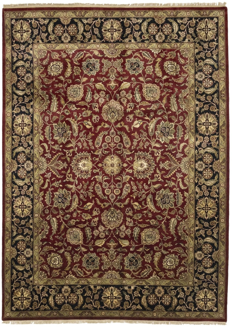 9'0 x 12'2 Hand-Knotted Wool Floral Area Rug from India: 9'0 x 12'2 Hand-Knotted Wool Floral Area Rug from India This handmade oriental area rug features a striking floral pattern in shades of red, black, golden beige, gray, and brown. Crafted in India usin