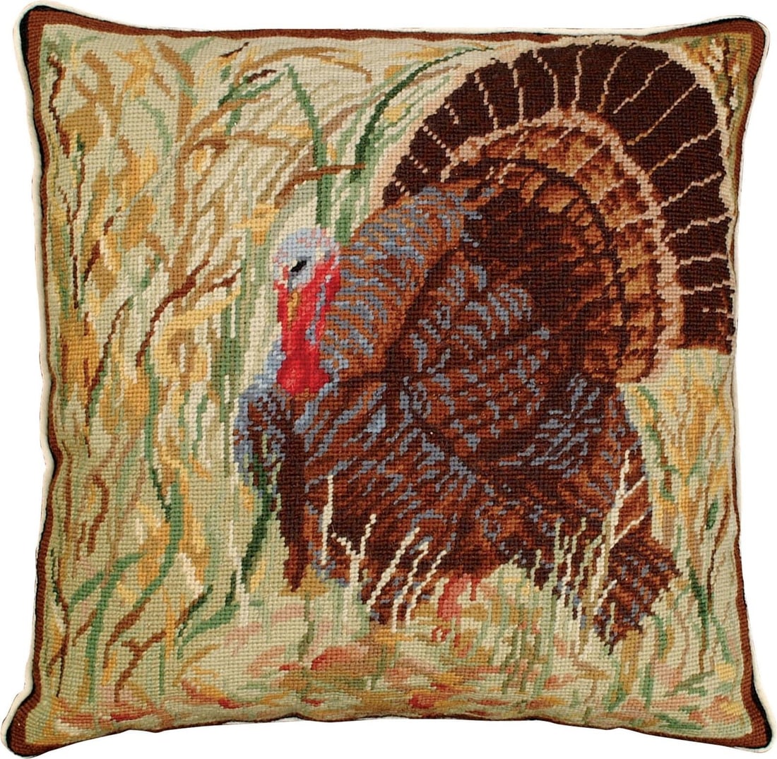 Rustic 18x18 Pillow with Turkey Design in Wool and Velvet: Rustic 18x18 Pillow with Turkey Design in Wool and Velvet Enhance your living space with this charming rustic accent pillow. Measuring 18 inches by 18 inches and featuring a depth of 5 inches, this pi