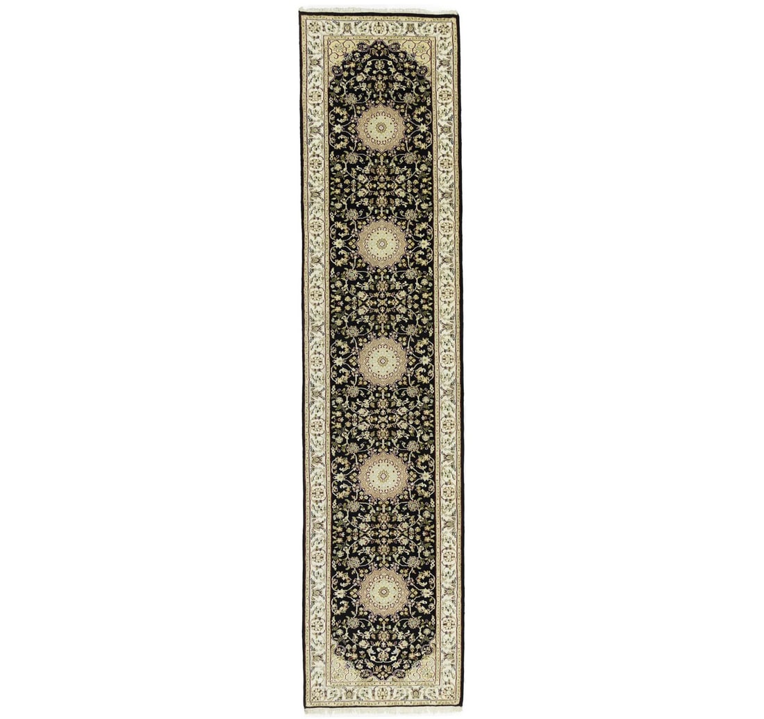 Hand-Knotted Wool and Silk Floral Runner Rug 2'9 x 10'3: Hand-Knotted Wool and Silk Floral Runner Rug 2'9 x 10'3 This handmade runner rug features a floral medallion design crafted from wool and silk. The rug is hand-knotted, showcasing a blend of modern re