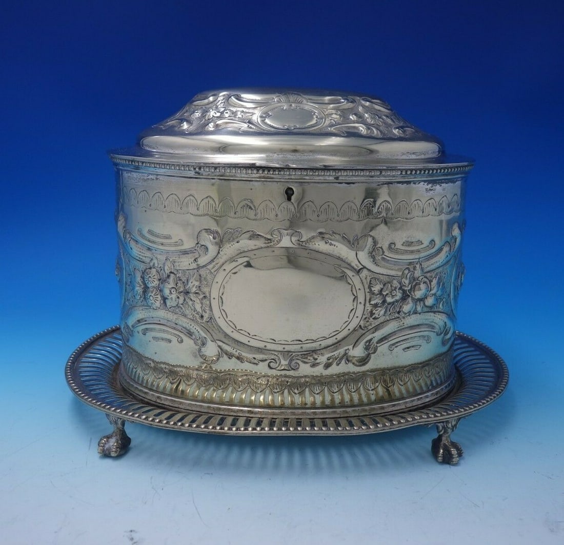 Vintage English Silverplate Biscuit Box with Lock and Claw Legs (1 of 11)