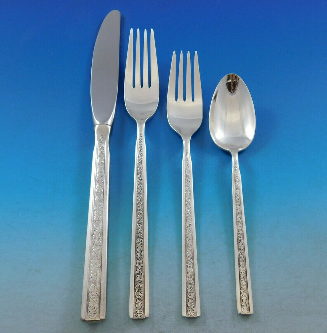 Gorham Trilogy Sterling Silver Place Setting 4pc: Gorham Trilogy Sterling Silver Place Setting 4pc This elegant place setting features the Trilogy pattern by Gorham, crafted from high-quality sterling silver. The set includes four essential pieces: a