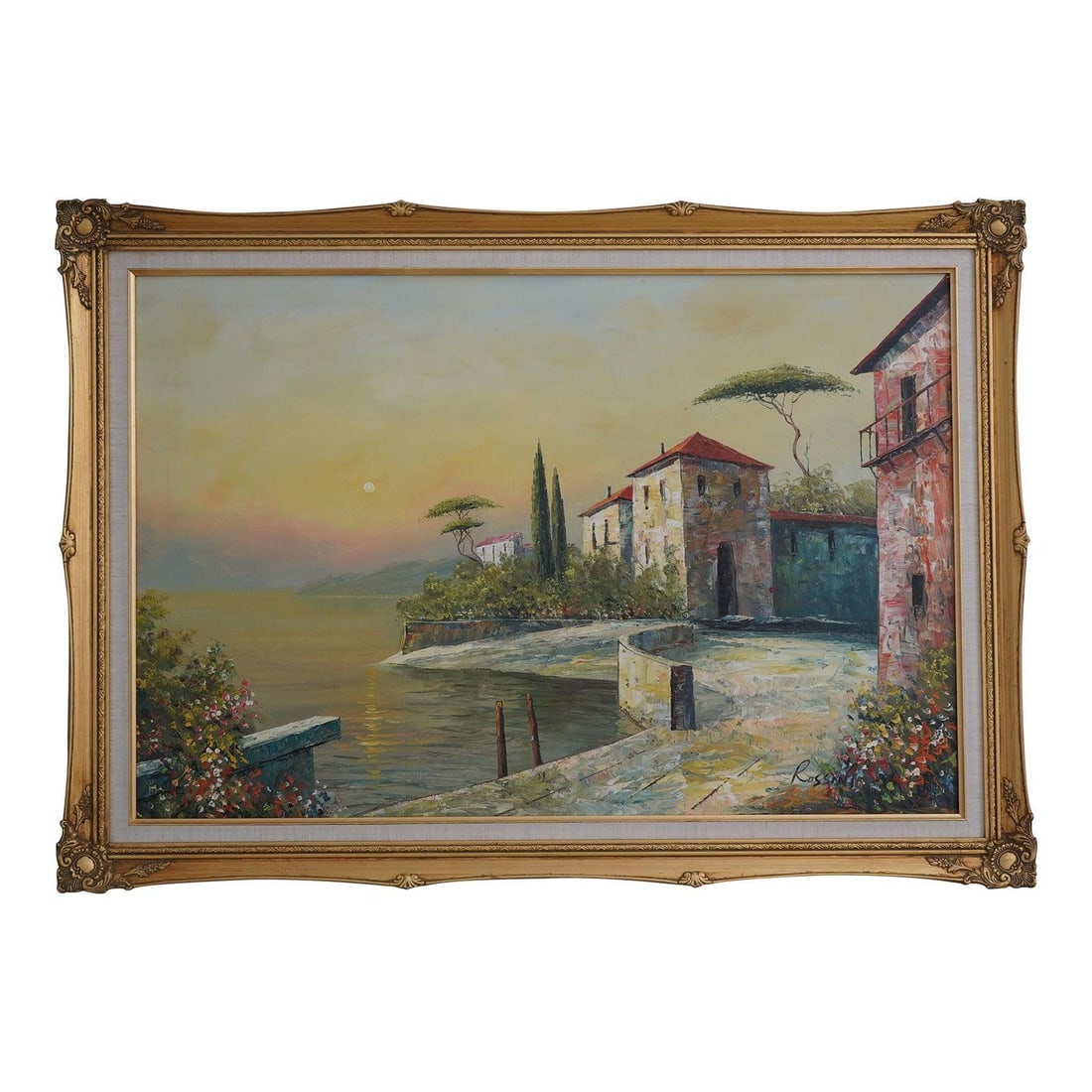 Rossini signed framed lake landscape oil painting 42w x 30h: Rossini signed framed lake landscape oil painting 42w x 30h Framed oil on canvas lake scene with an artist-signed composition. This traditional style painting by Rossini features vibrant colors and te