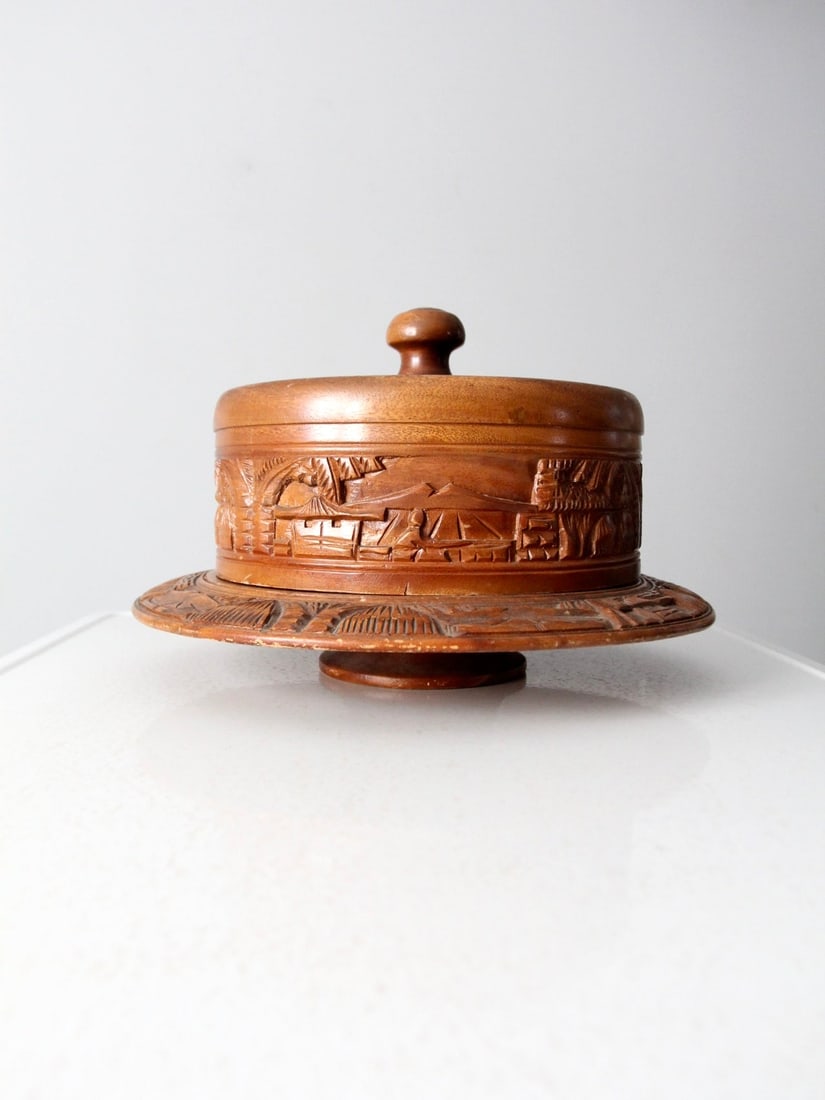Carved Wooden Cake Stand with Lid and Village Motif 16 Inch Diameter (1 of 9)