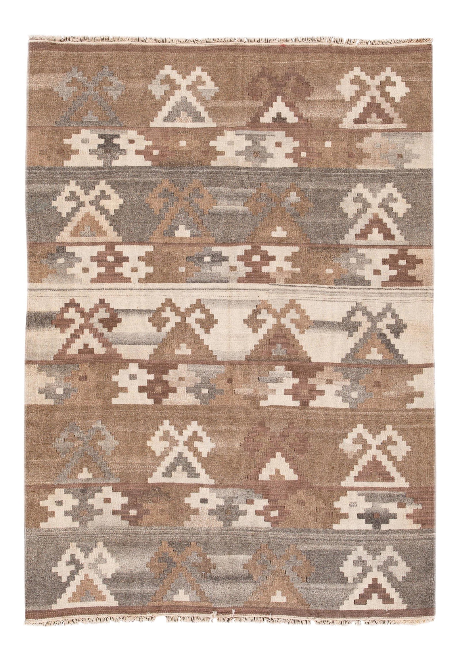 Modern Kilim Hand-knotted Wool Rug Ivory Geometric Design 4'9 x 6'8: Modern Kilim Hand-knotted Wool Rug Ivory Geometric Design 4'9 x 6'8 Enhance your space with this exquisite Modern Kilim Handmade Wool Rug. Featuring a stunning geometric design in a harmonious blend o