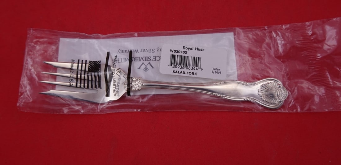 Wallace Royal Husk Sterling Silver Salad Fork 7 1/8: Wallace Royal Husk Sterling Silver Salad Fork 7 1/8 Sterling silver salad fork in the Royal Husk pattern by Wallace. The piece is new in factory sleeve, is not monogrammed, and is in excellent conditi