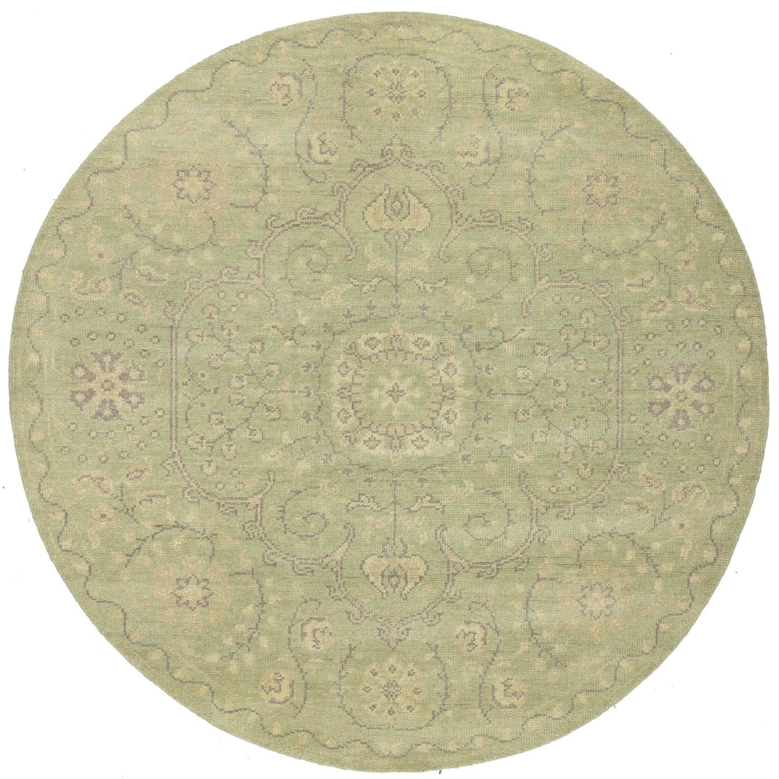 Hand-Knotted Floral Round Rug 6ft Transitional Home Decor: Hand-Knotted Floral Round Rug 6ft Transitional Home Decor Enhance your home decor with this exquisite round Oriental rug, featuring muted colors such as light green, cream, beige, and brown. This hand