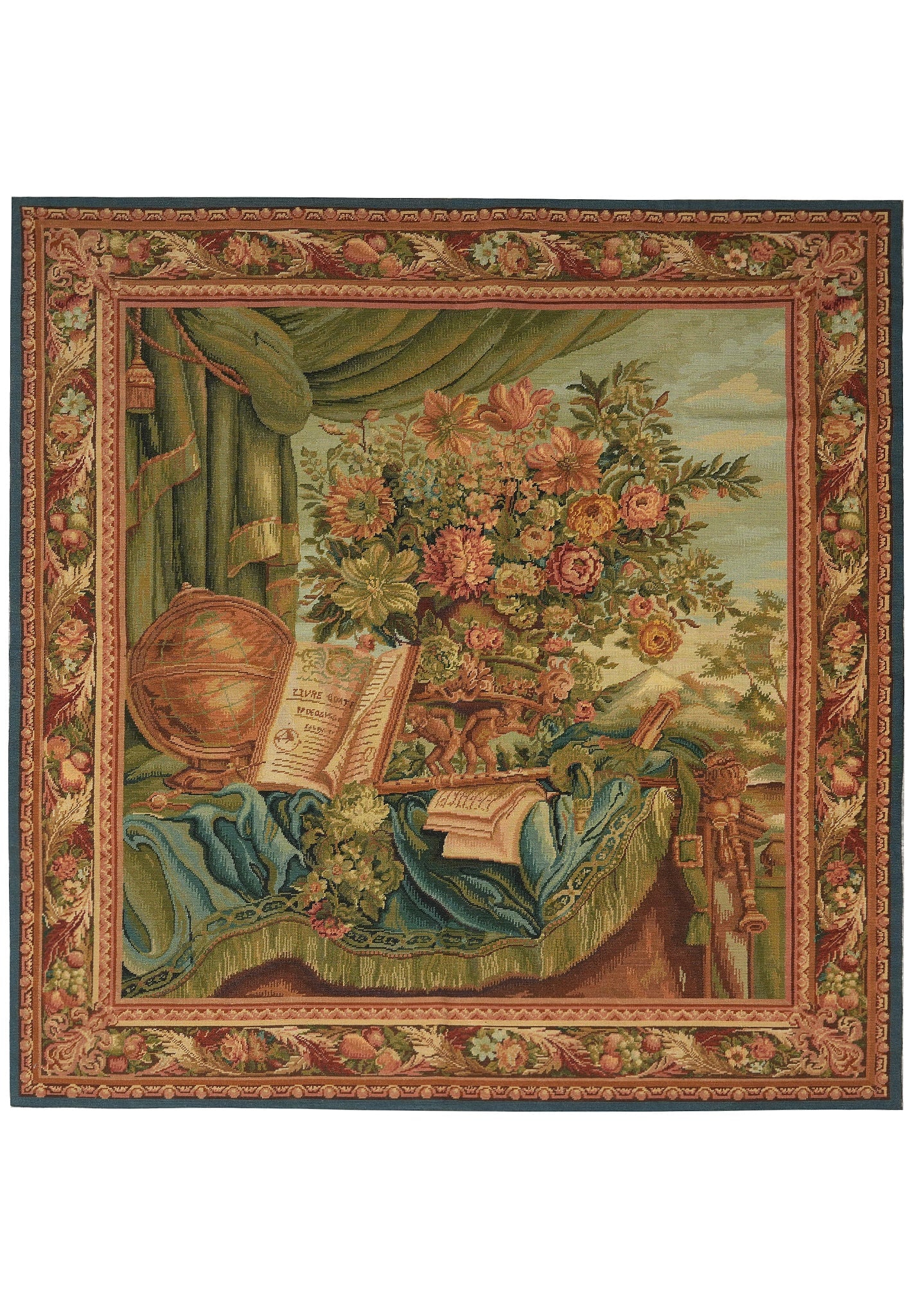 5 x 5 European Handmade Tapestry Rug Wool Silk Floral Scenery: 5 x 5 European Handmade Tapestry Rug Wool Silk Floral Scenery Free continental US Shipping Handmade tapestry-style rug featuring a European pictorial design with a still-life composition and scenic ba