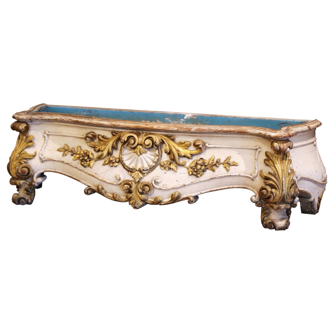French Louis XV Giltwood Jardiniere with Original Zinc Liner Circa 1820: French Louis XV Giltwood Jardiniere with Original Zinc Liner Circa 1820 This elegant 19th-century French Louis XV jardiniere is expertly hand-carved from giltwood and retains its original removable zi