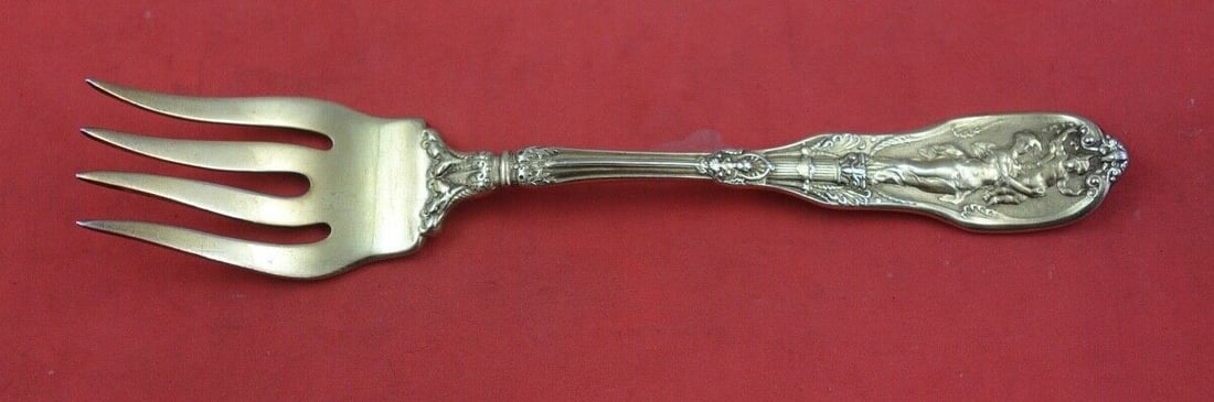 Gorham Mythologique Sterling Silver Vermeil Salad Fork 5 3/4" Beaded Back: Gorham Mythologique Sterling Silver Vermeil Salad Fork 5 3/4" Beaded Back Presenting the Mythologique Salad Fork by Gorham, a stunning piece crafted from sterling silver with a vermeil finish. This fo