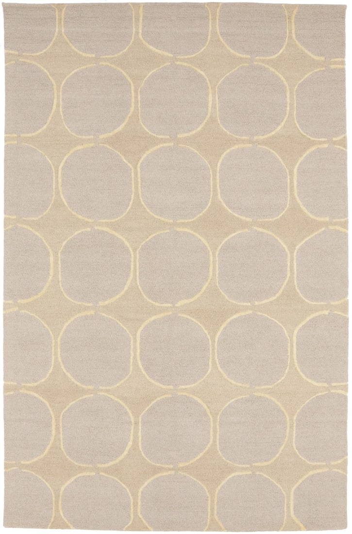 5x8 Wool Modern Abstract Hand-Tufted Rug in Beige and Cream Tones: 5x8 Wool Modern Abstract Hand-Tufted Rug in Beige and Cream Tones This hand-tufted modern rug features an abstract design in beige and cream tones. Crafted from wool, it offers a soft, high pile suita